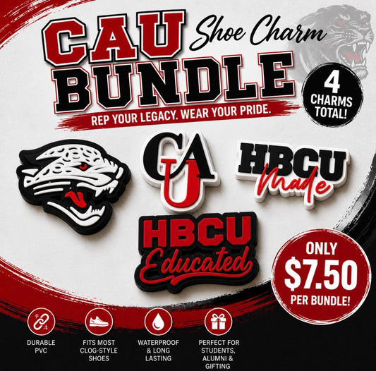 Promotional image of CAU shoe charm bundle with panther logo and text on a white background.