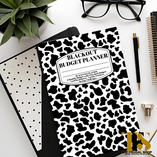 Blackout Composition Budget Planner | 6-Month Financial Planner on Black Paper with Savings Challenges