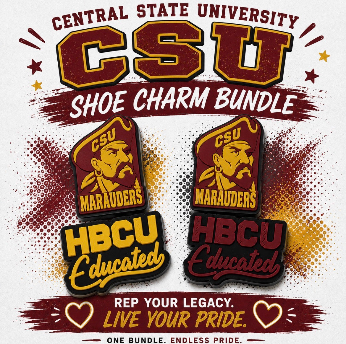 Central State University shoe charm bundle with maroon and yellow design.
