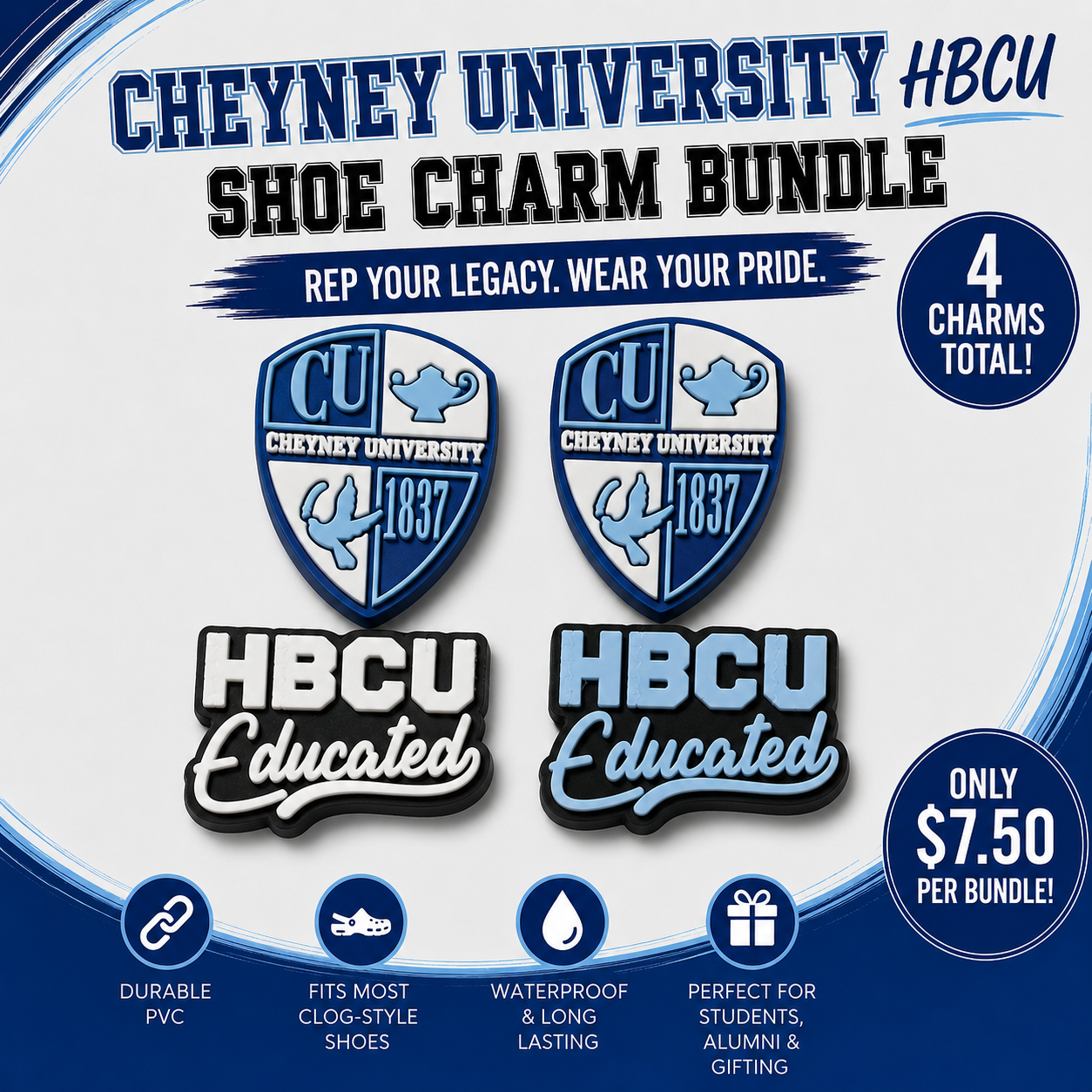 Cheyney University HBCU shoe charm bundle with two shield-shaped charms and two rectangular charms on a blue and white background.
