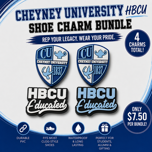 Cheyney University HBCU shoe charm bundle with two shield-shaped charms and two rectangular charms on a blue and white background.