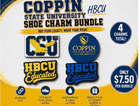 Coppin State University shoe charm bundle packaging with charms and promotional text.