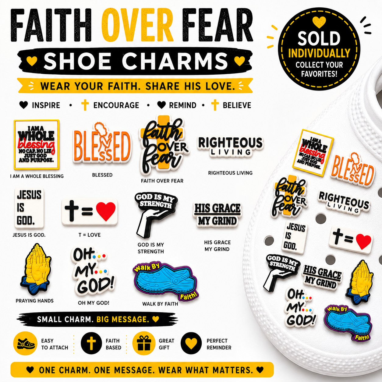 Collection of shoe charms with various messages and designs on a white background.