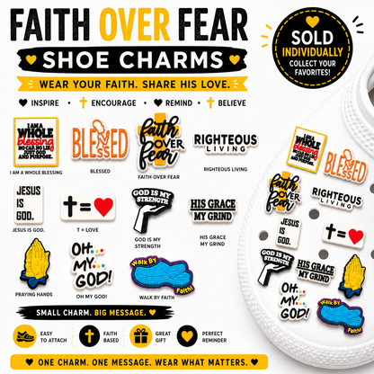 Collection of shoe charms with various messages and designs on a white background.