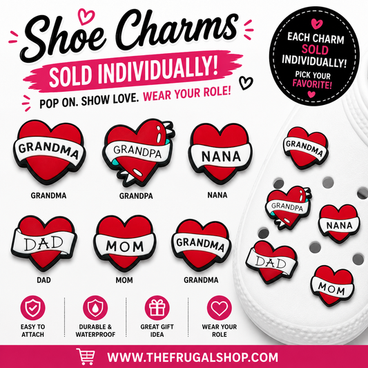 Heart-shaped shoe charms with labels for Grandma, Grandpa, Nana, Dad, and Mom on a white background.