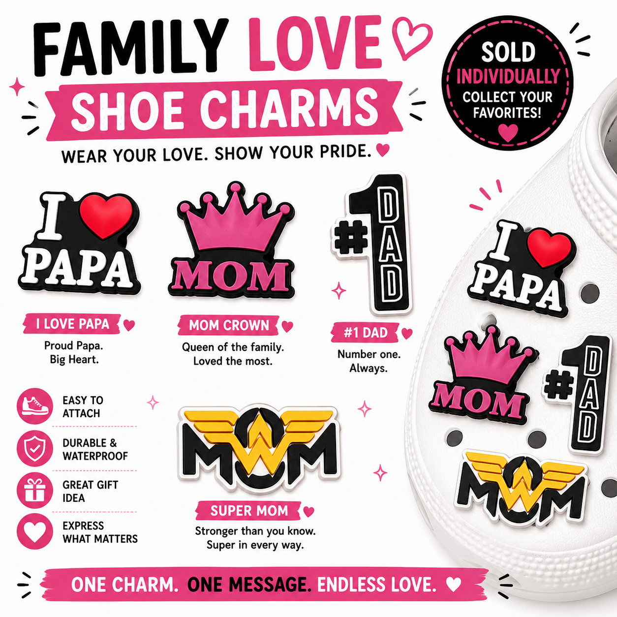 Family-themed shoe charms with various designs and text on a white background.
