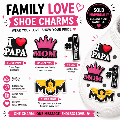 Family-themed shoe charms with various designs and text on a white background.