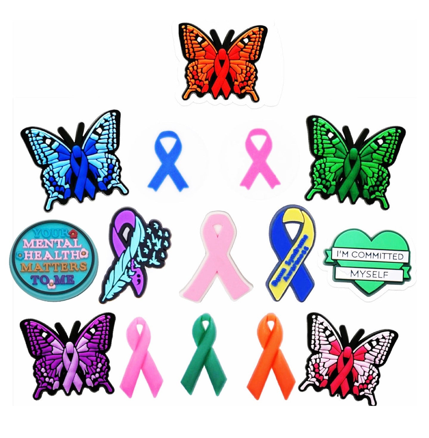 October Awareness Ribbon Shoe Charms | Breast Cancer | Down Syndrome | Liver Cancer | Men’s Health | World Mental Health Day