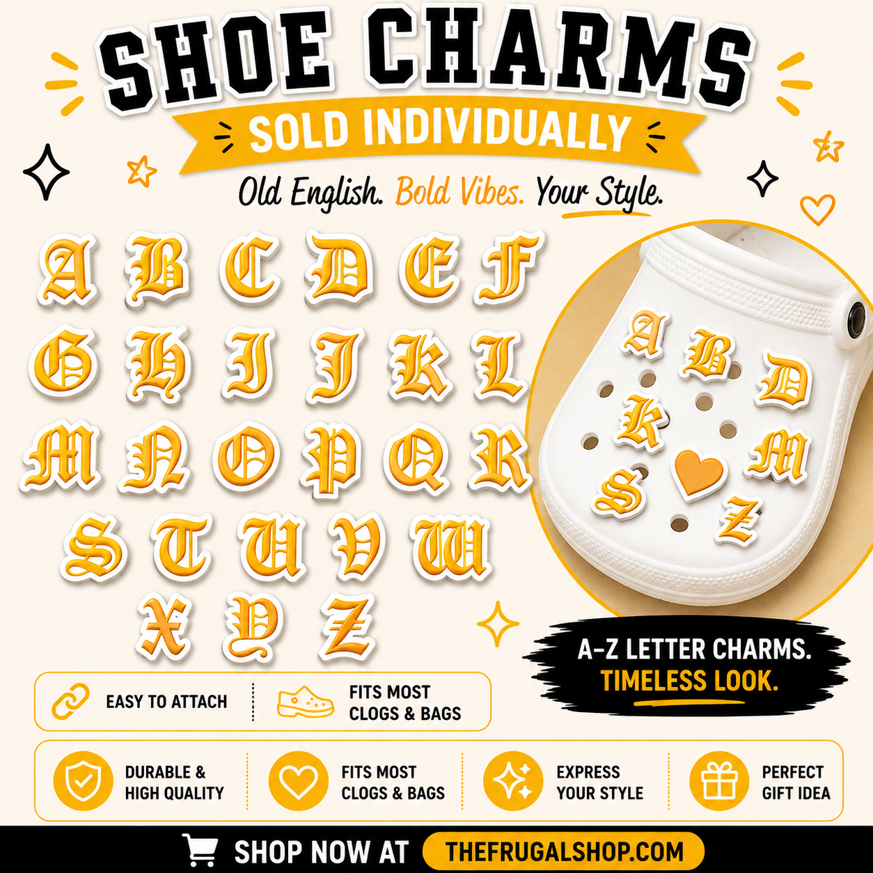 Shoe charms with letters A to Z on a white background with promotional text.