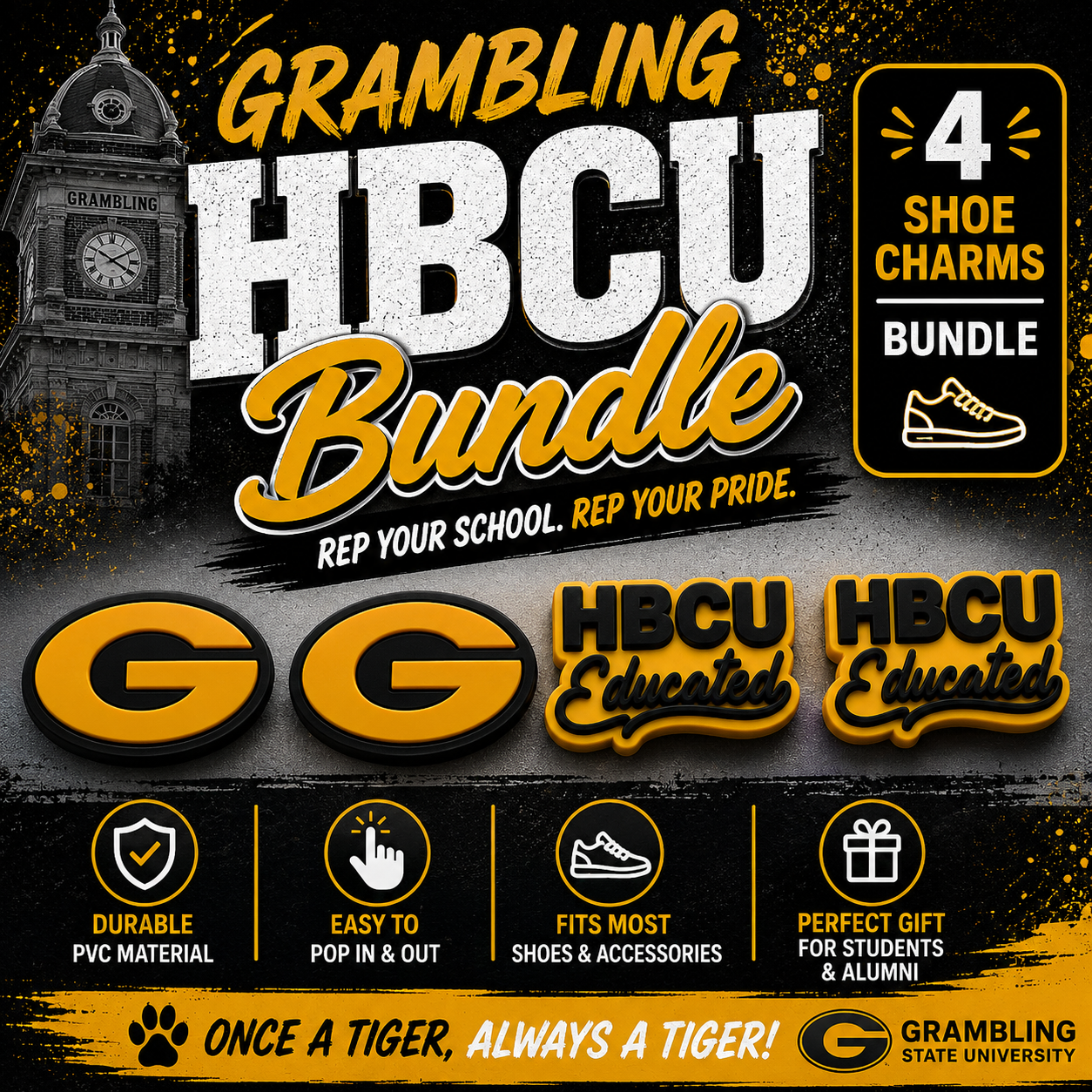 Promotional graphic for Grambling HBCU Bundle with shoe charms and university branding.