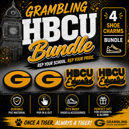 Promotional graphic for Grambling HBCU Bundle with shoe charms and university branding.