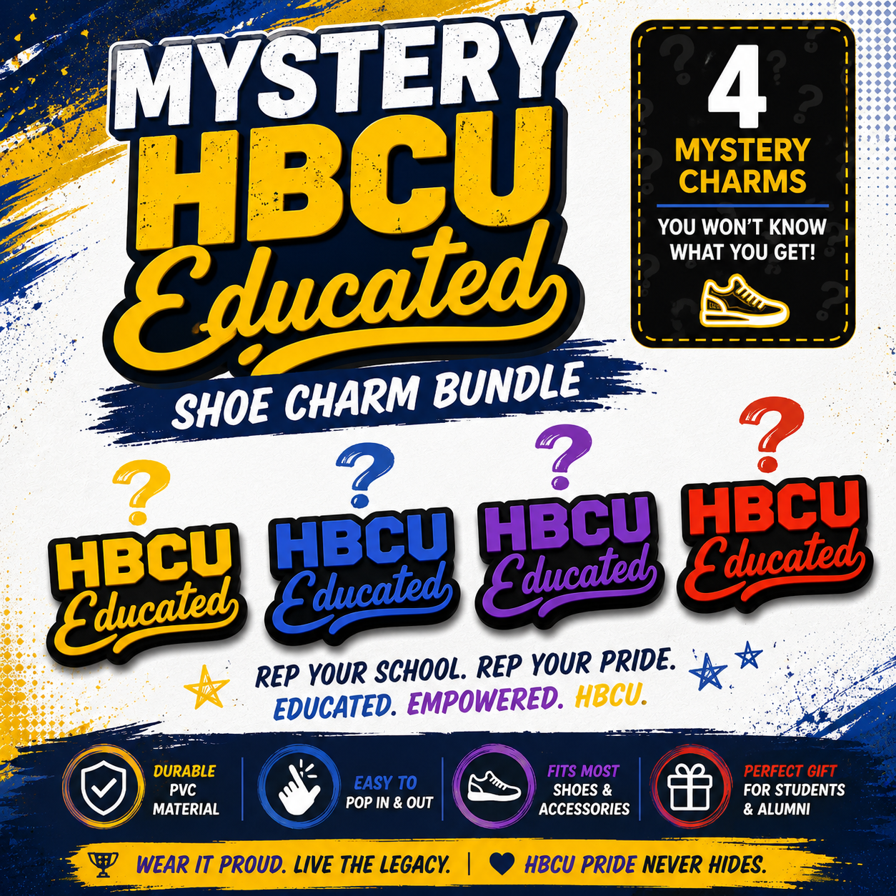 Promotional graphic for 'Mystery HBCU Educated' shoe charm bundle with colorful charms and text.