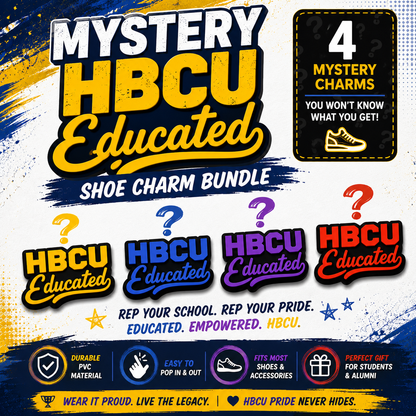 Promotional graphic for 'Mystery HBCU Educated' shoe charm bundle with colorful charms and text.