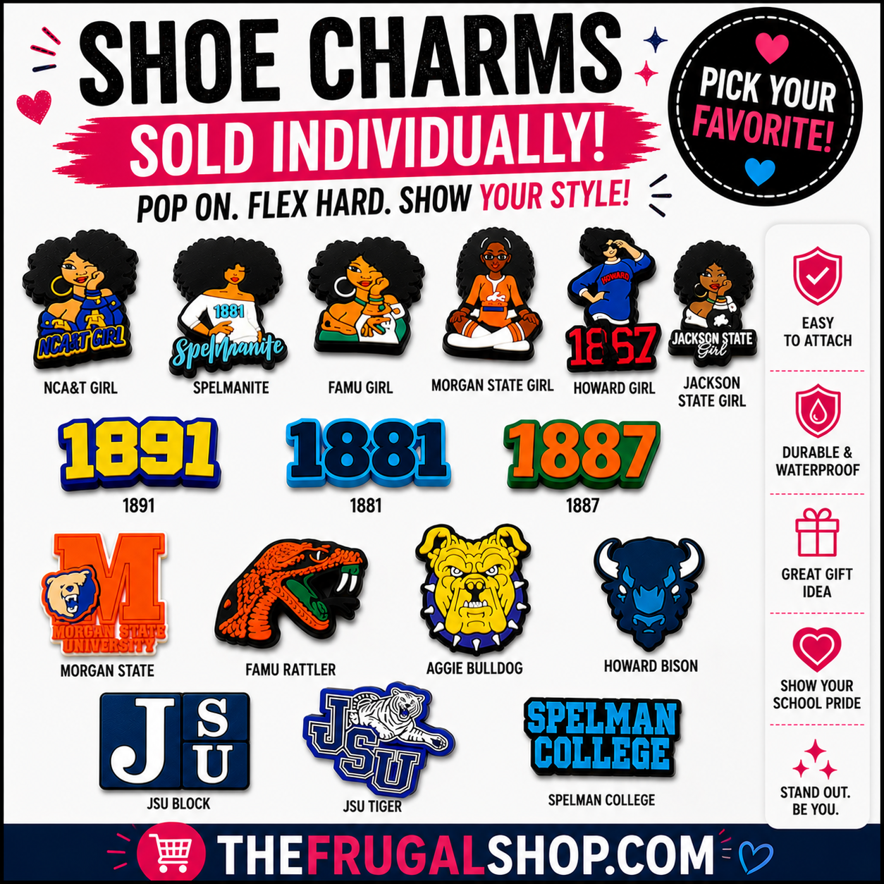 Promotional image of shoe charms with various designs and text about availability and branding.