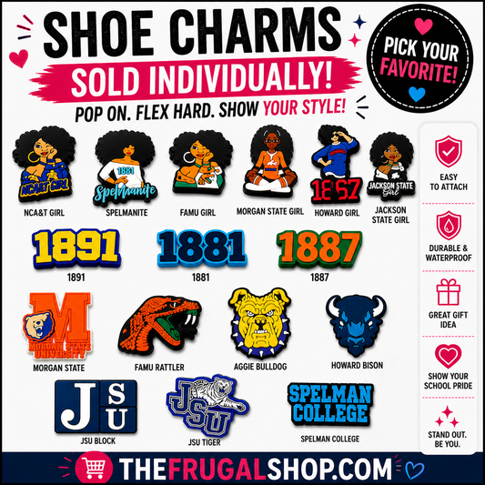 Promotional image of shoe charms with various designs and text about availability and branding.