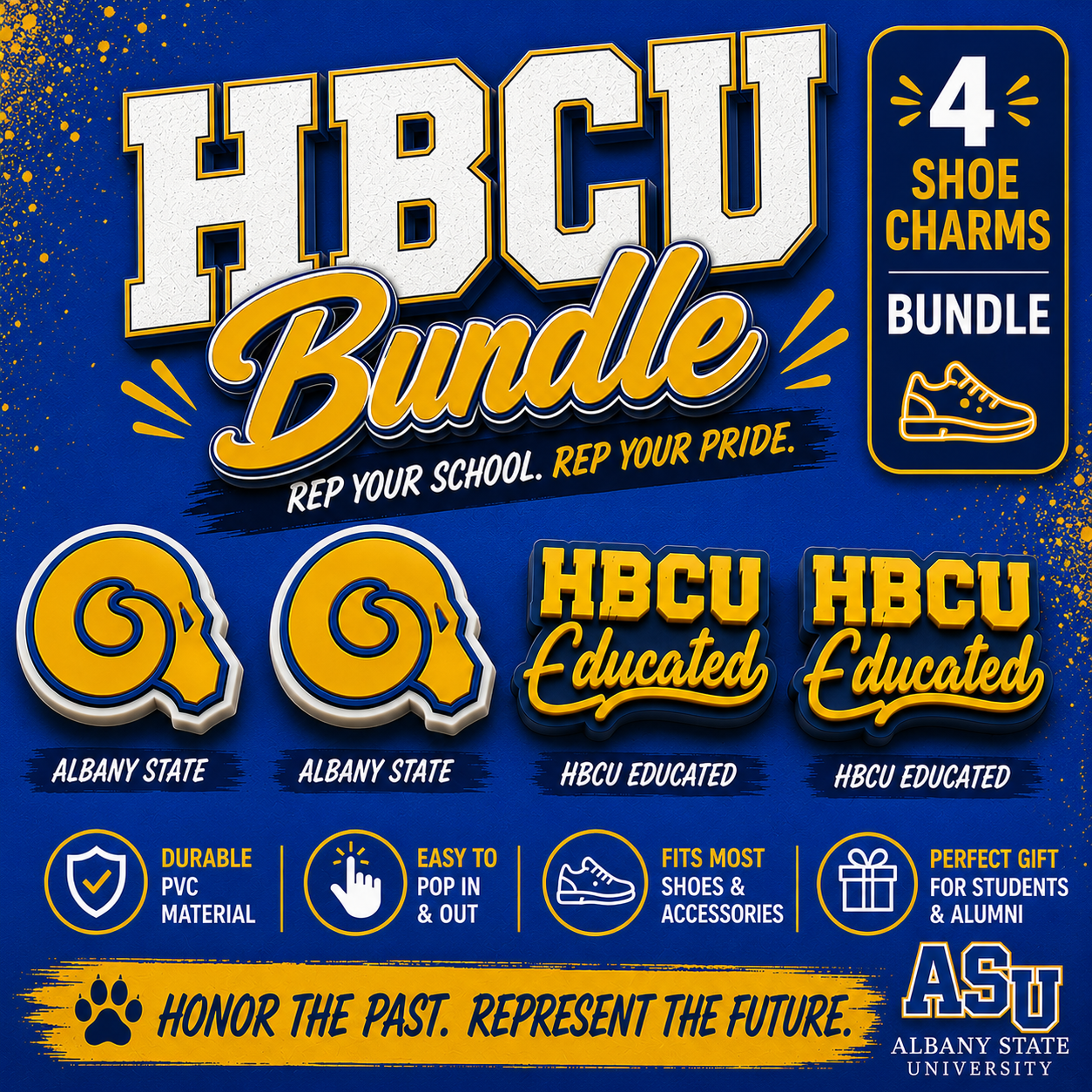 Promotional graphic for HBCU Bundle with shoe charms and branding elements.