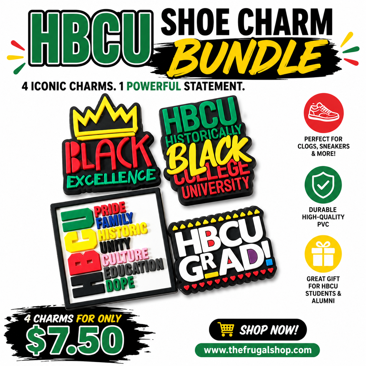 Promotional image of HBCU shoe charm bundle with colorful charms and text.