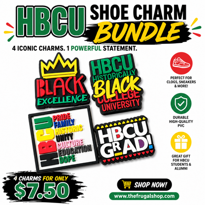 Promotional image of HBCU shoe charm bundle with colorful charms and text.