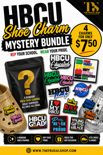 Promotional image of HBCU shoe charm mystery bundle with various charms and packaging.