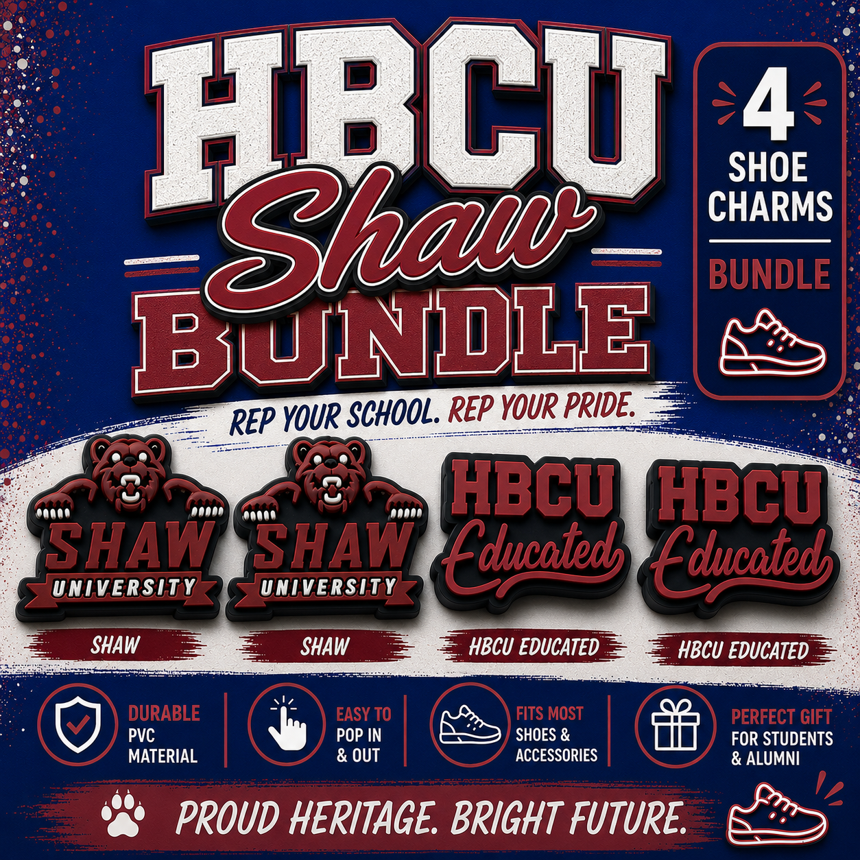 Promotional graphic for HBCU Shaw Bundle with shoe charms and text on a blue and red background.