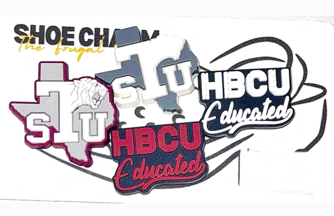 Collection of HBCU-themed patches with text and logos on a white background