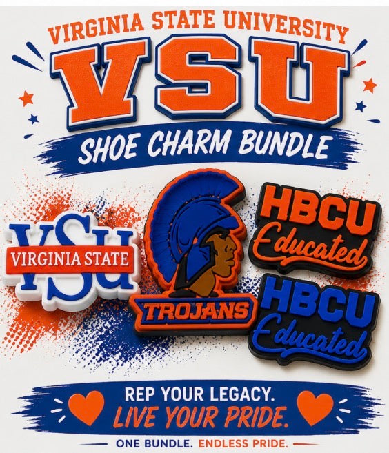 Virginia State University shoe charm bundle with logos and text on a colorful background