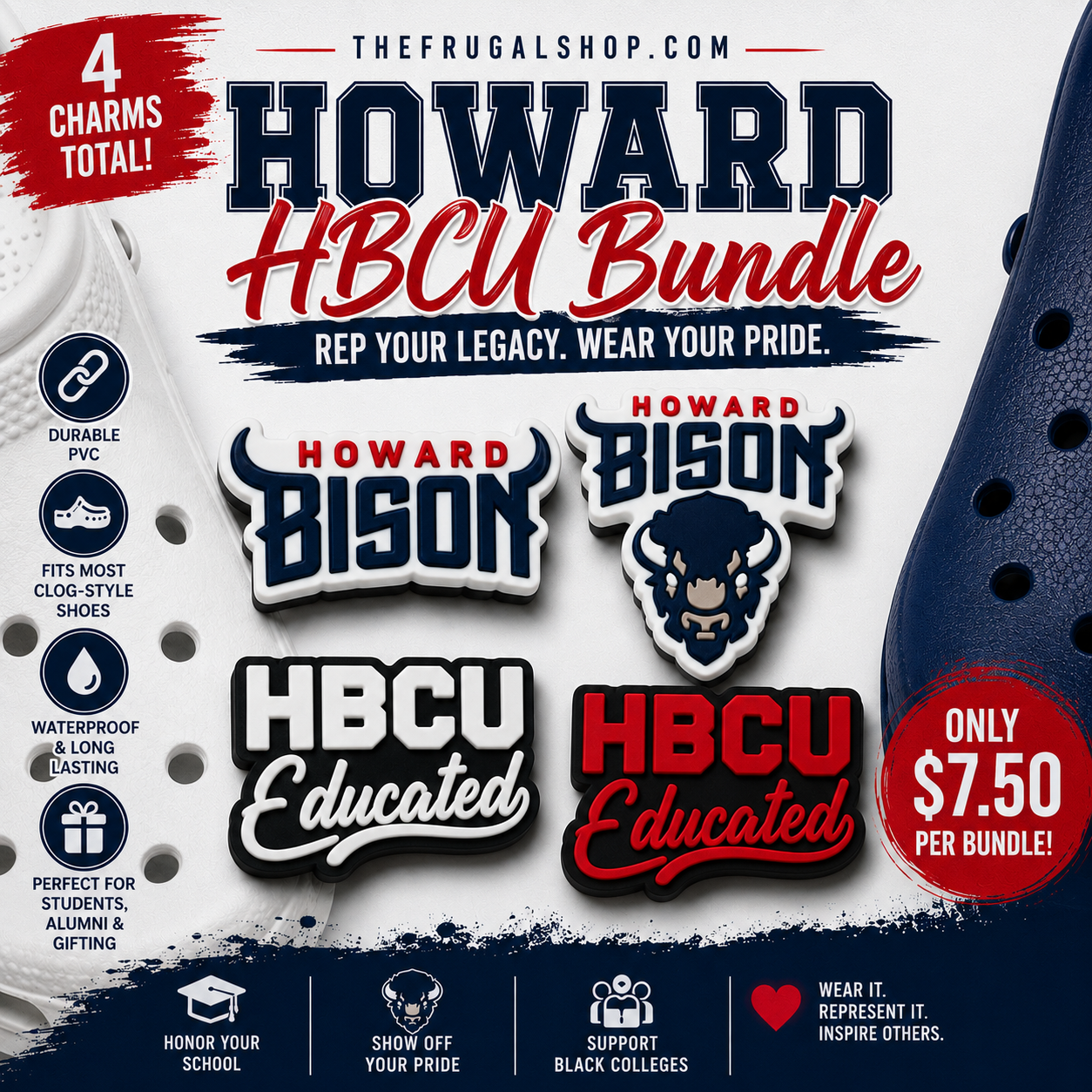 Howard HBCU Bundle charms with promotional text and graphics on a white background