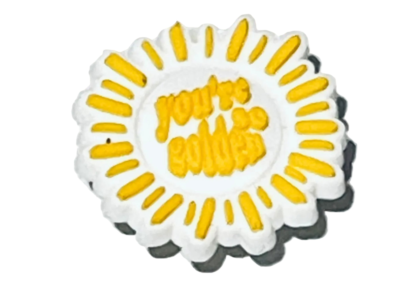 White flower-shaped object with yellow text on a white background