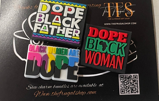 Three colorful pins on a black card with branding and website information.