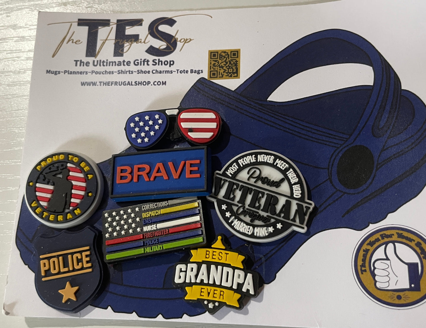 Collection of decorative patches on a white background with 'TFS' branding.