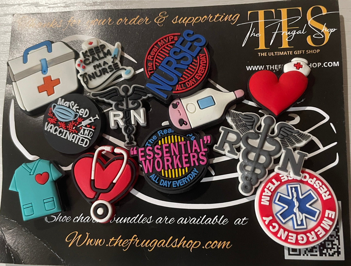 Collection of nurse-themed pins on a black card with text