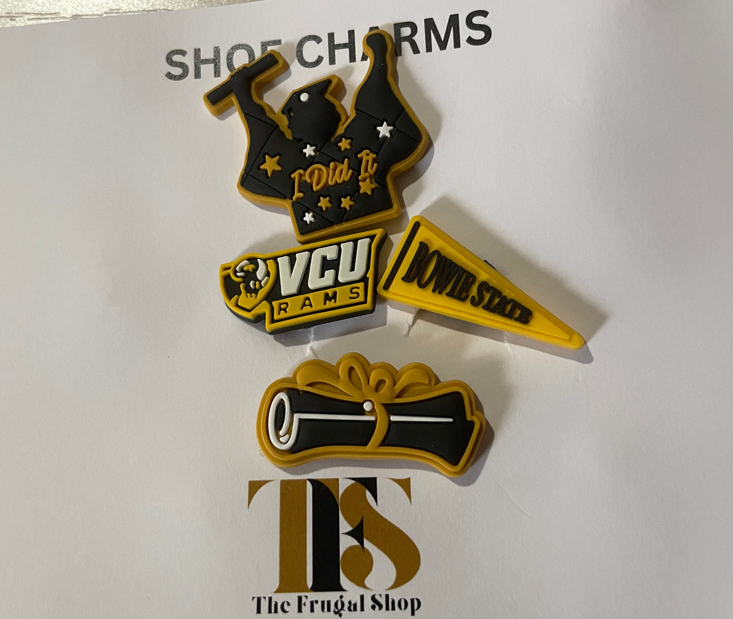 Three shoe charms on a card with text, featuring a frugal shop theme.