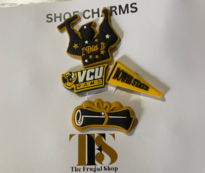 Three shoe charms on a card with text, featuring a frugal shop theme.