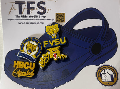 Blue sandals with yellow and blue logos on a white card, featuring 'FVSU' and 'HBCU Educated' text.