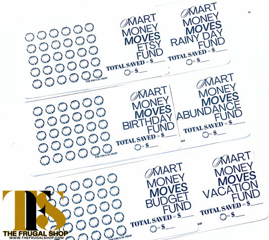Sheet of financial goal stickers with categories like 'Etsy Fund', 'Rainy Day Fund', etc., on a white background.