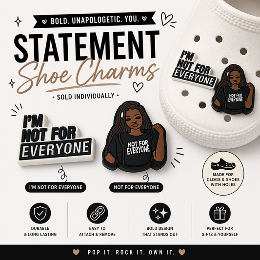 Statement shoe charms with bold text and a white croc shoe on a white background