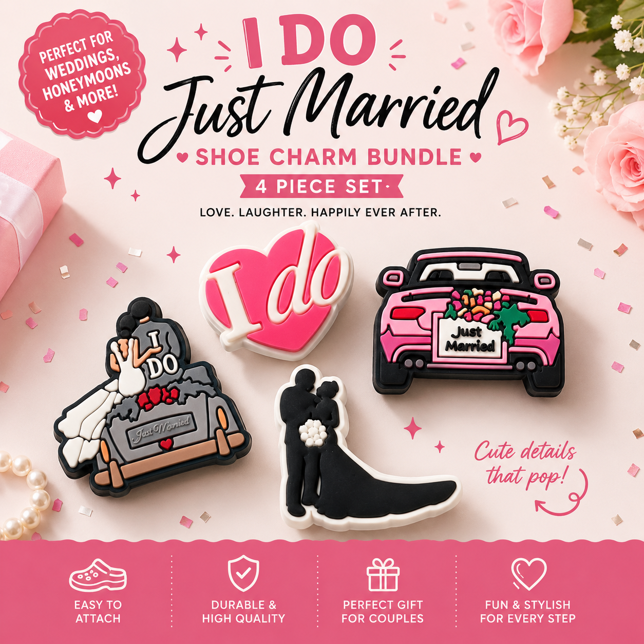 Just Married shoe charm bundle with 'I Do' and wedding car design on a pink background.