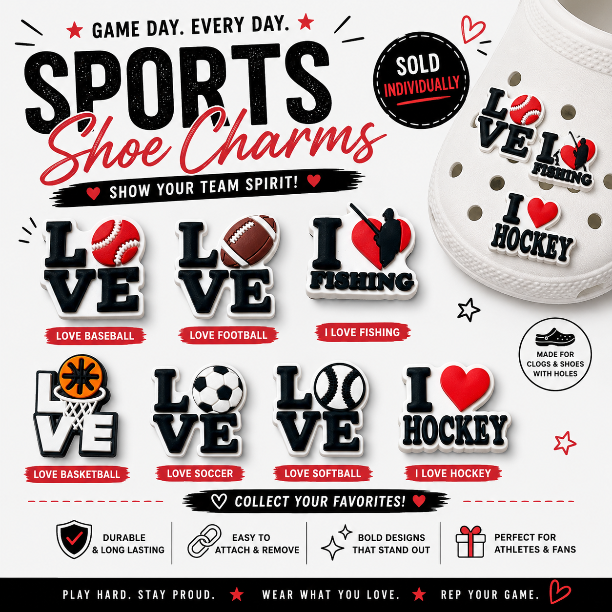 Sports shoe charms with various designs and text on a promotional graphic.