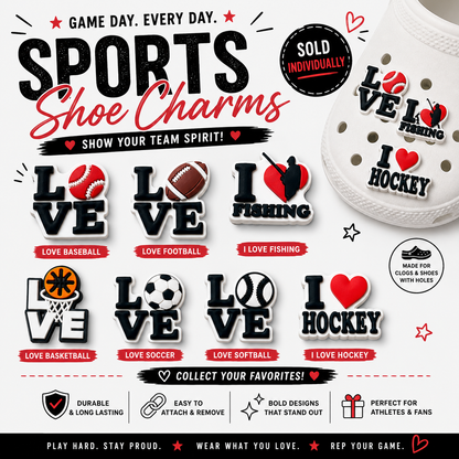 Sports shoe charms with various designs and text on a promotional graphic.