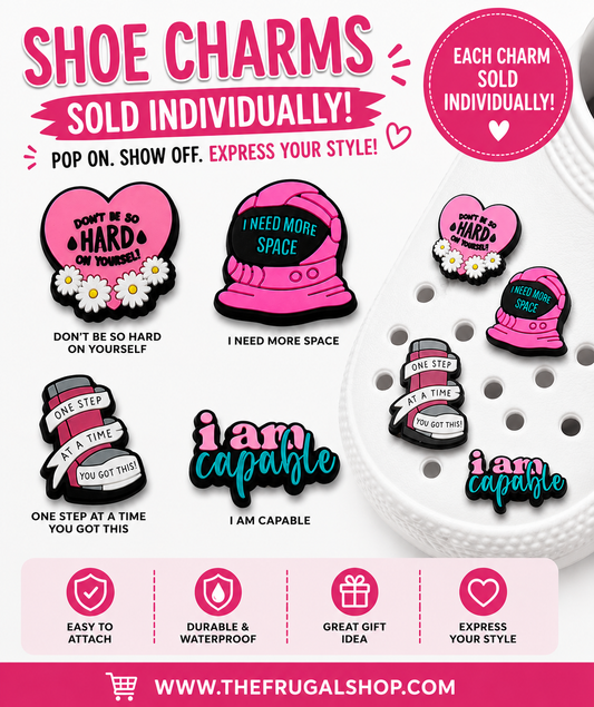 Shoe charms with motivational messages on a white background with pink accents.