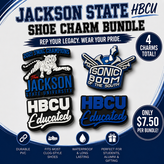 Jackson State HBCU shoe charm bundle with logos and promotional text on a white background.