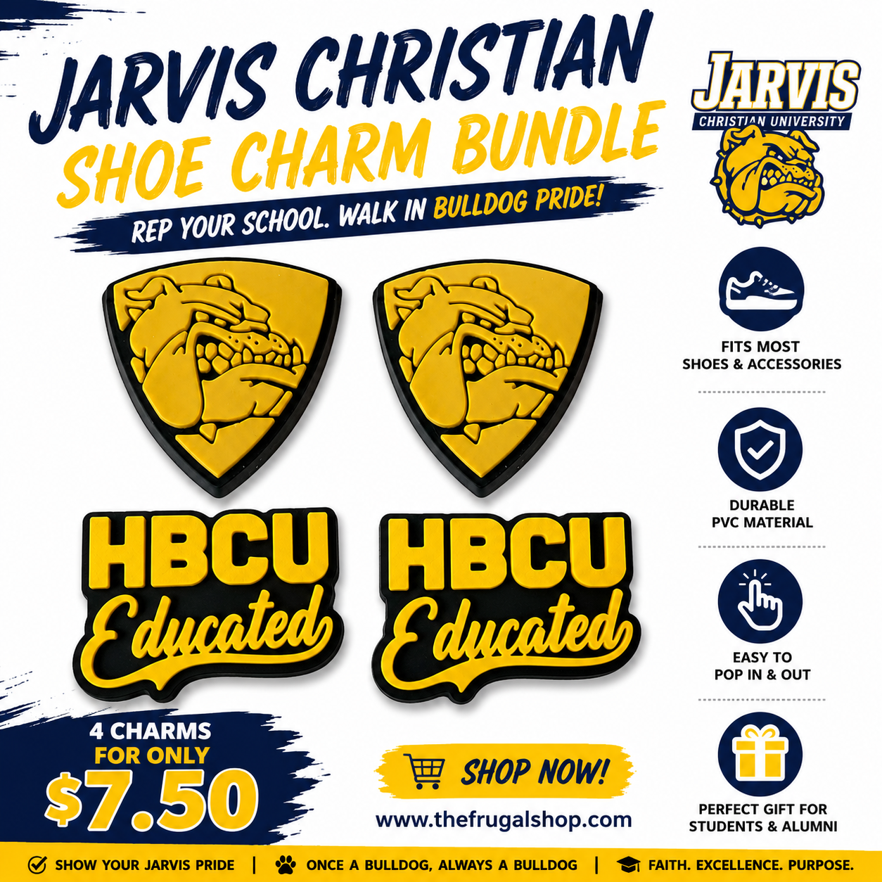 Jarvis Christian Shoe Charm Bundle advertisement with bulldog logo and promotional text.