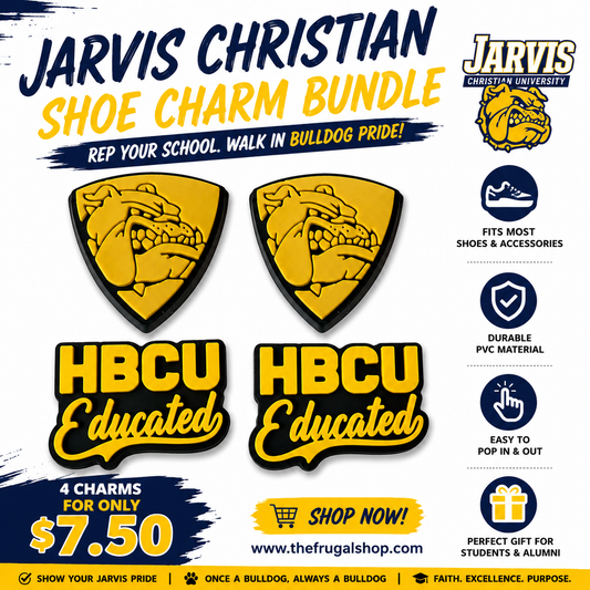 Jarvis Christian Shoe Charm Bundle advertisement with bulldog logo and promotional text.