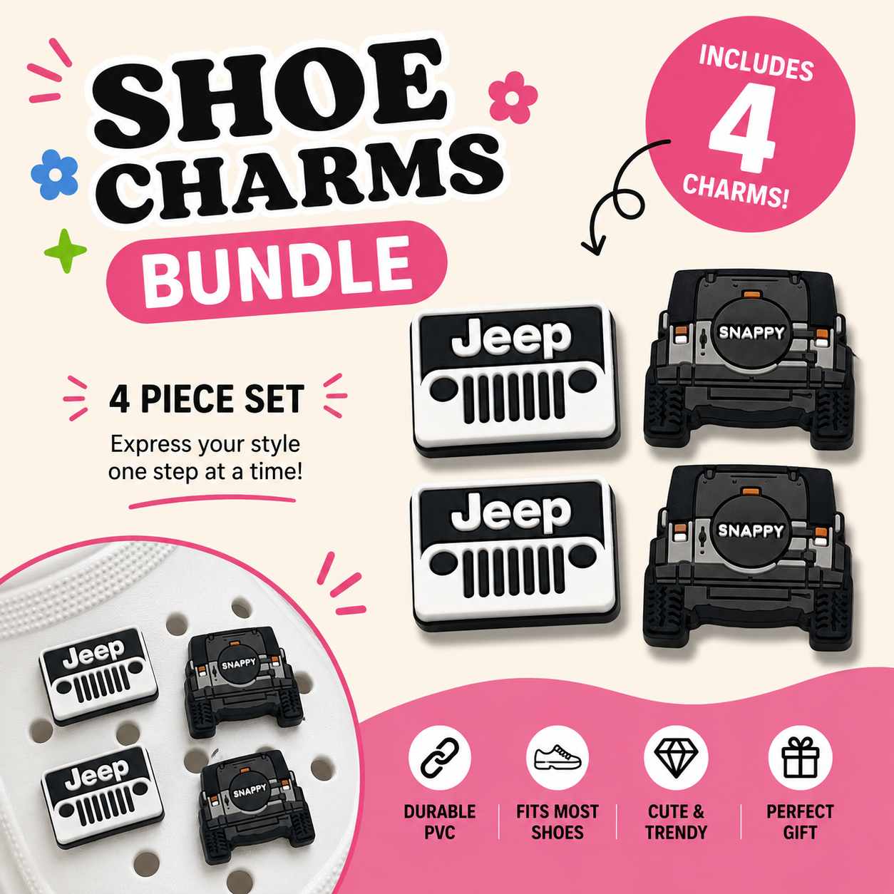 Shoe charm bundle with Jeep on a colorful background