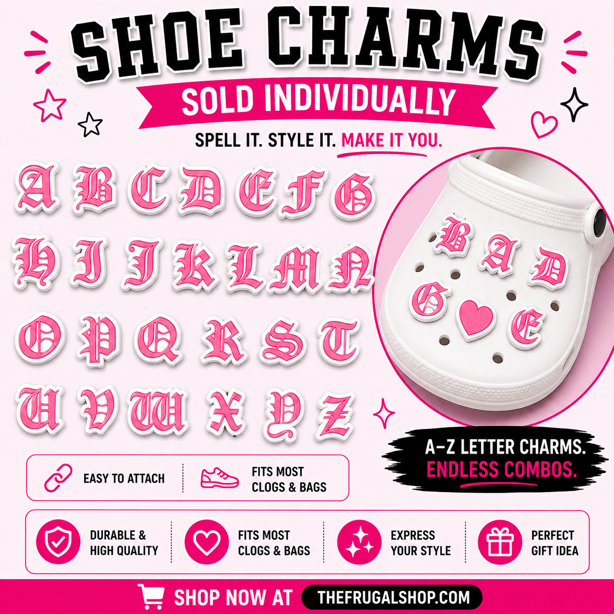 Promotional graphic for shoe charms with letters, numbers, and symbols on a white clog.