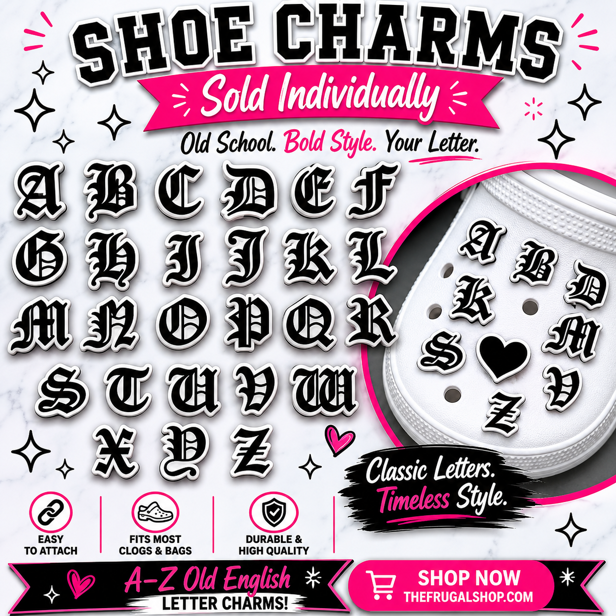 Shoe charms with letters A-Z on a colorful background with promotional text.