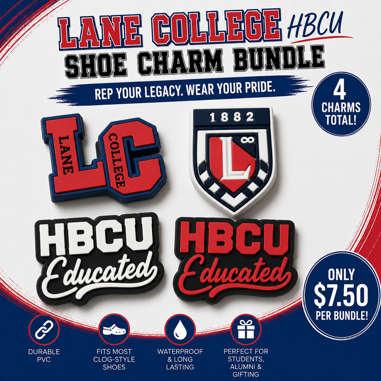 Promotional image of Lane College HBCU shoe charm bundle with four charms on a white background.