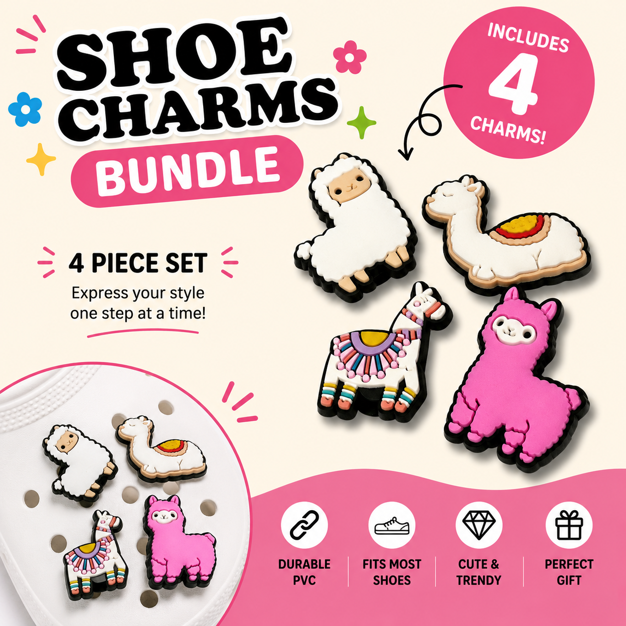 Shoe charms bundle with four llama-themed charms on a pink background