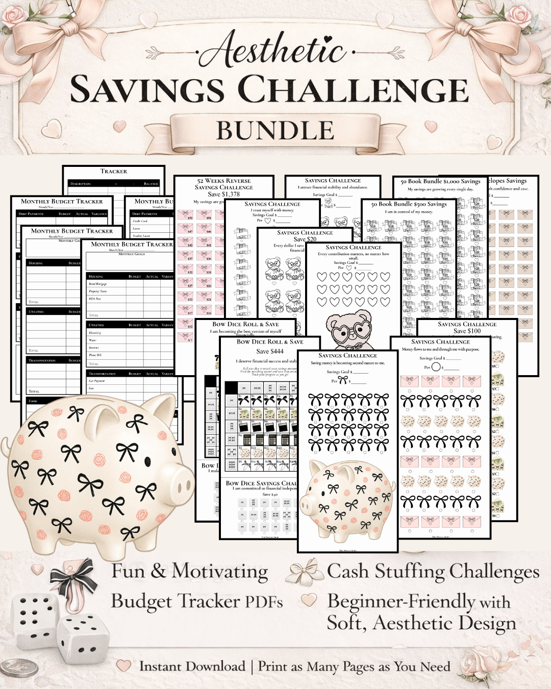 Aesthetic Savings Challenge Bundle Printable | Cash Stuffing Trackers, Budget Planner PDFs, 52 Week Savings, No-Spend & Money Saving Challenges
