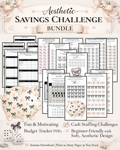 Aesthetic Savings Challenge Bundle Printable | Cash Stuffing Trackers, Budget Planner PDFs, 52 Week Savings, No-Spend & Money Saving Challenges